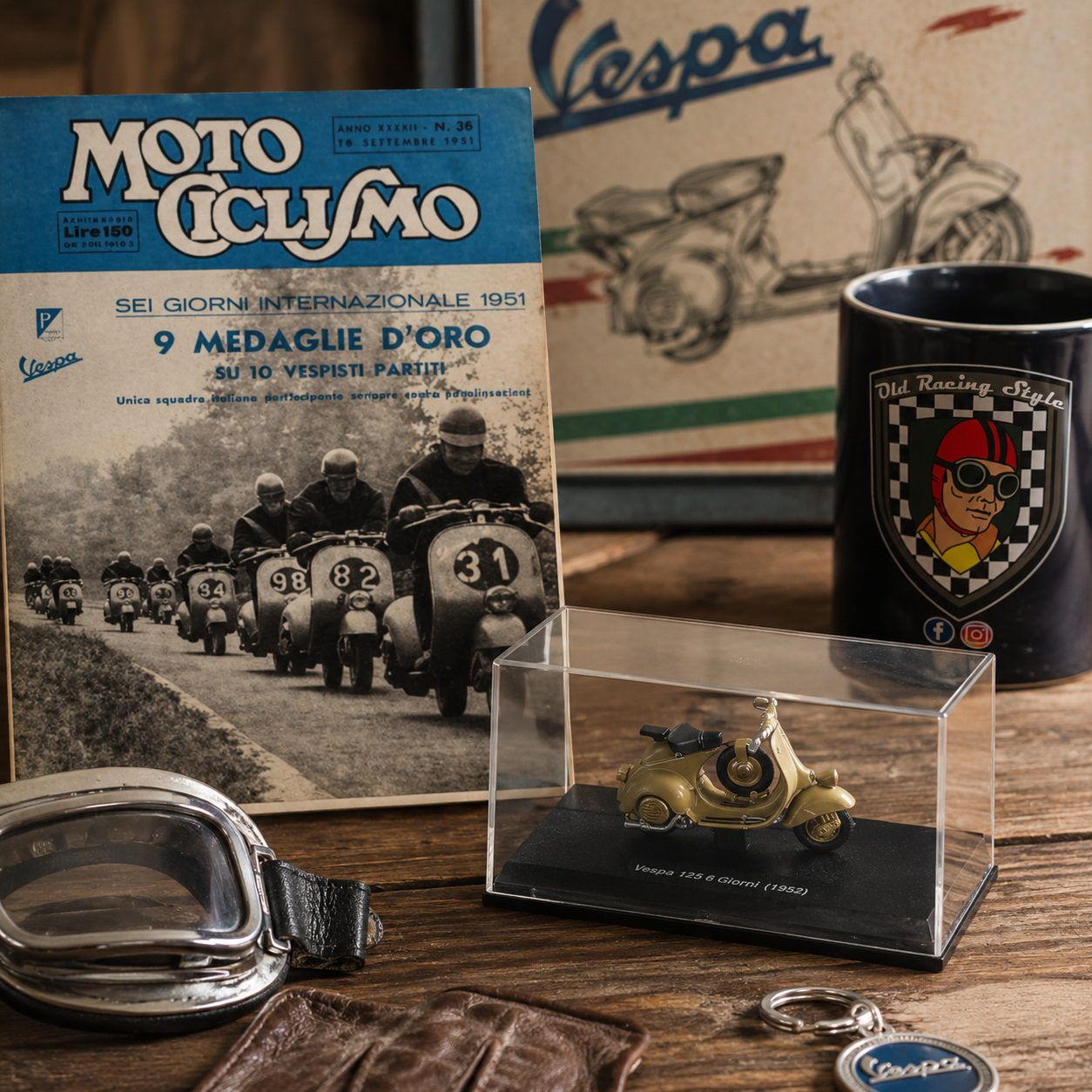 Vespa 125 6 Giorni (1952) – Miniatura de colección escala 1:32 con vitrina expositora